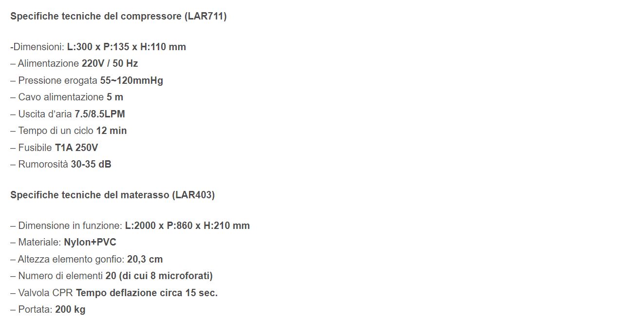 Specifiche materasso antidecubito LAD475 Orthofasty