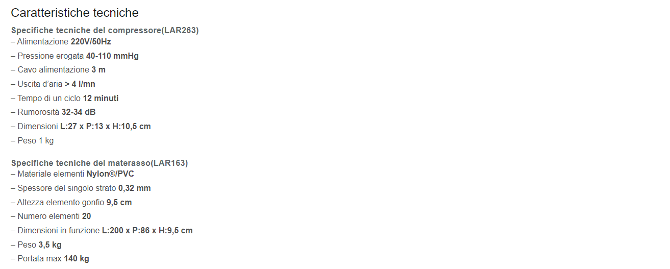 Specifiche materasso LAD663