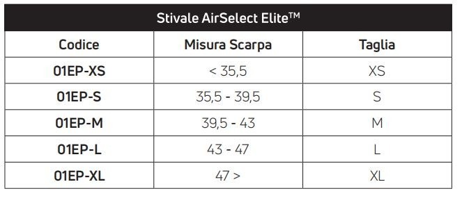 Tabella misure AirSelect Elite
